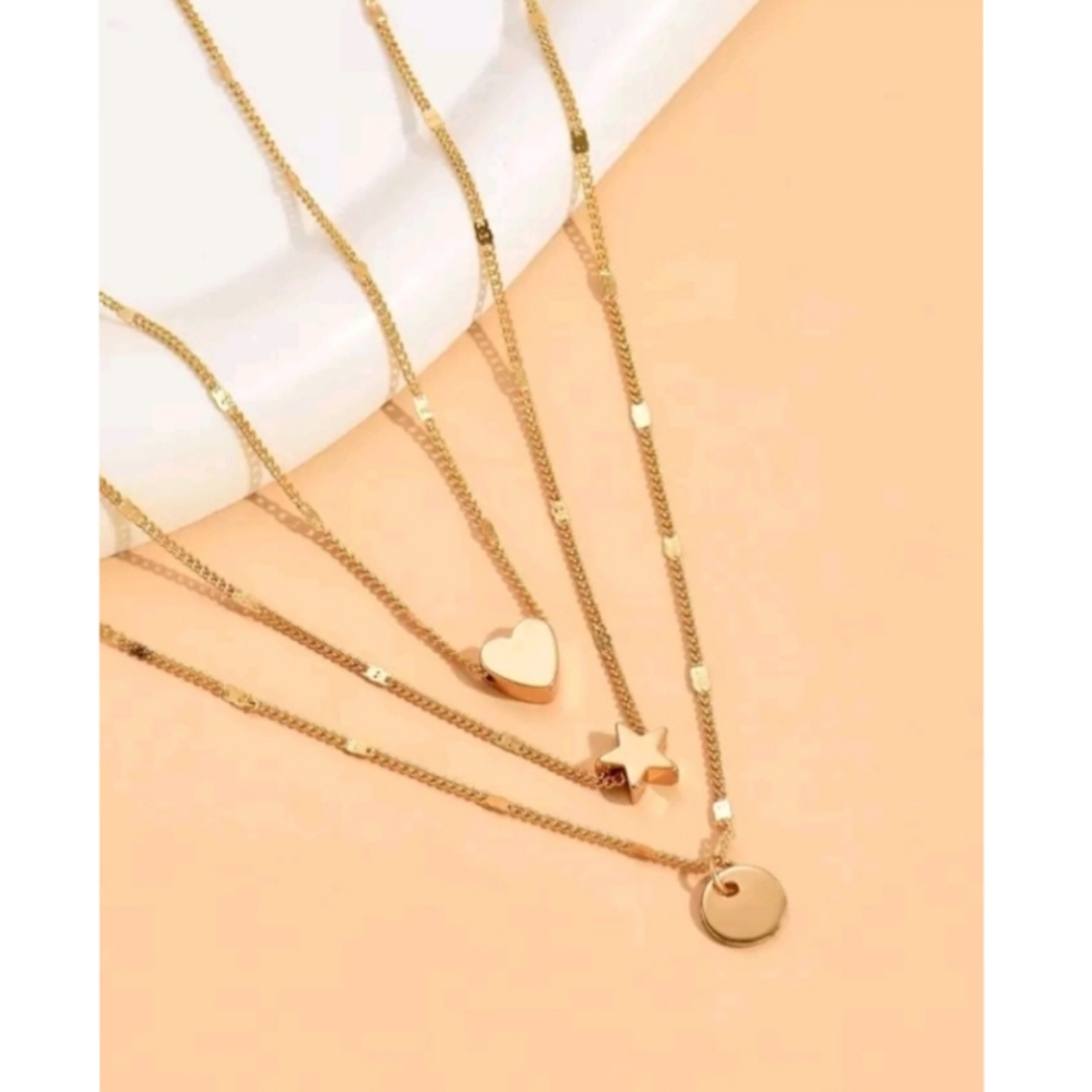 NEW! 14k Gold Plated Minimalist Disc, Star & Heart Layered Gold Necklace